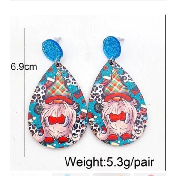Wooden Water Drop Fall Earrings Holiday Gnome on Blue background New - Picture 2 of 3